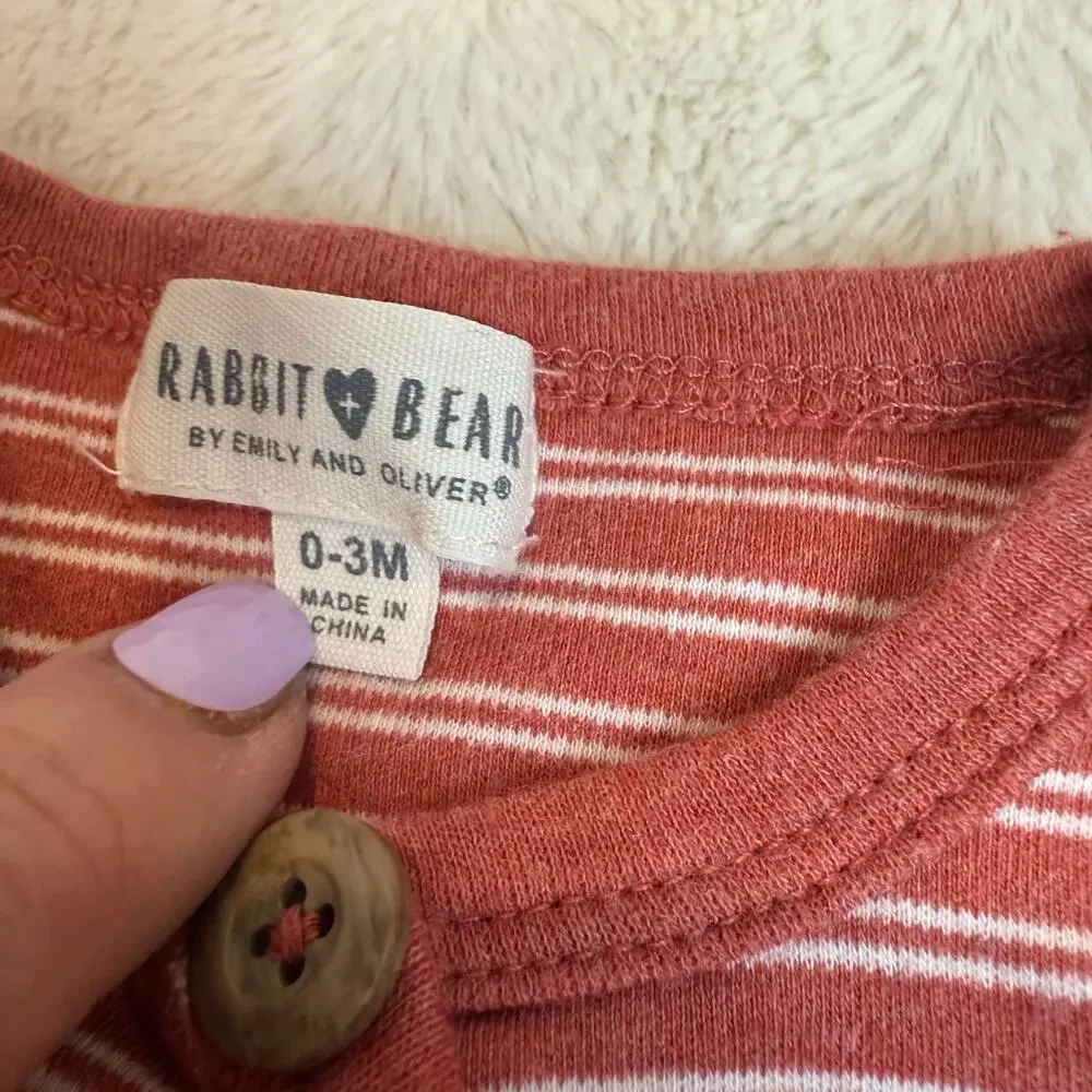 Rabbit Bear Stripe Bodysuit Onesie Wood Buttons Romper 0-3 Months Baby Boy